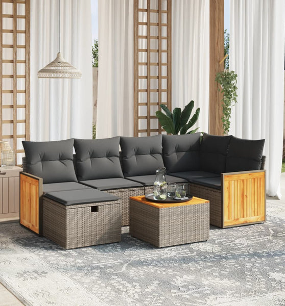 7-tlg. Garten-Sofagarnitur mit Kissen Grau Poly Rattan