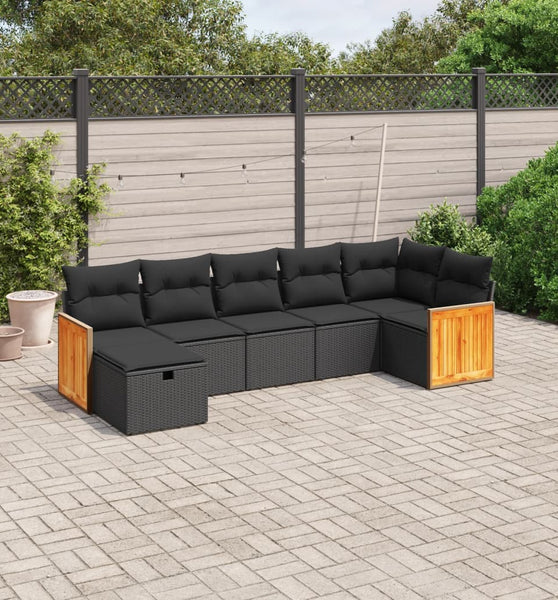 7-tlg. Garten-Sofagarnitur mit Kissen Schwarz Poly Rattan