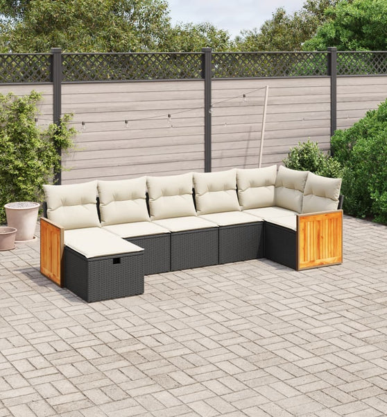7-tlg. Garten-Sofagarnitur mit Kissen Schwarz Poly Rattan