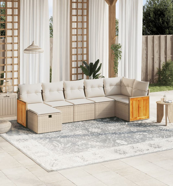 7-tlg. Garten-Sofagarnitur mit Kissen Beige Poly Rattan