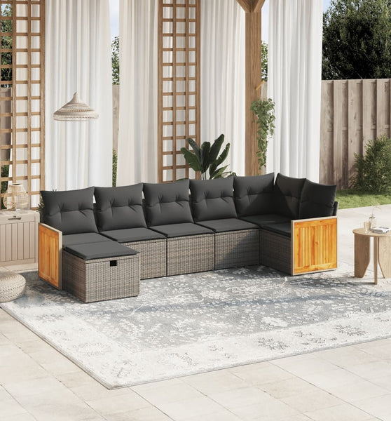7-tlg. Garten-Sofagarnitur mit Kissen Grau Poly Rattan