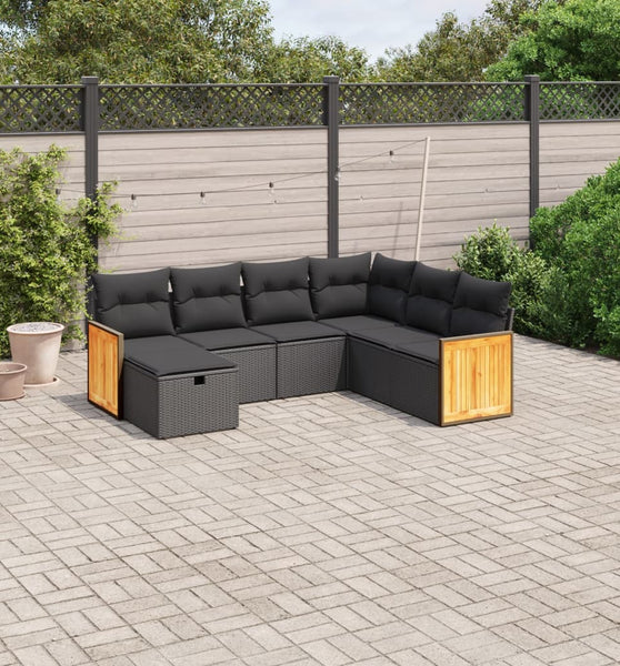 7-tlg. Garten-Sofagarnitur mit Kissen Schwarz Poly Rattan