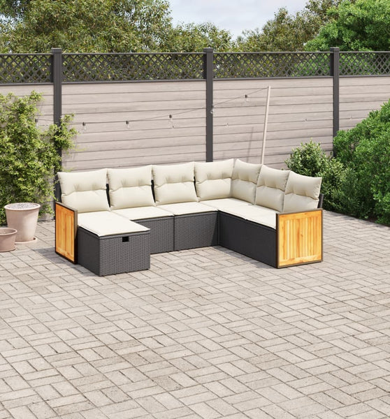 7-tlg. Garten-Sofagarnitur mit Kissen Schwarz Poly Rattan