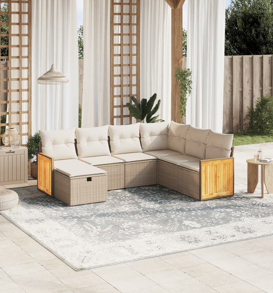 7-tlg. Garten-Sofagarnitur mit Kissen Beige Poly Rattan