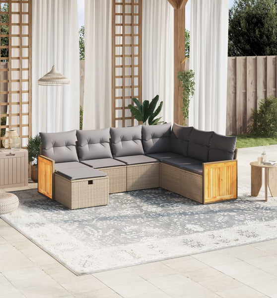 7-tlg. Garten-Sofagarnitur mit Kissen Beige Poly Rattan