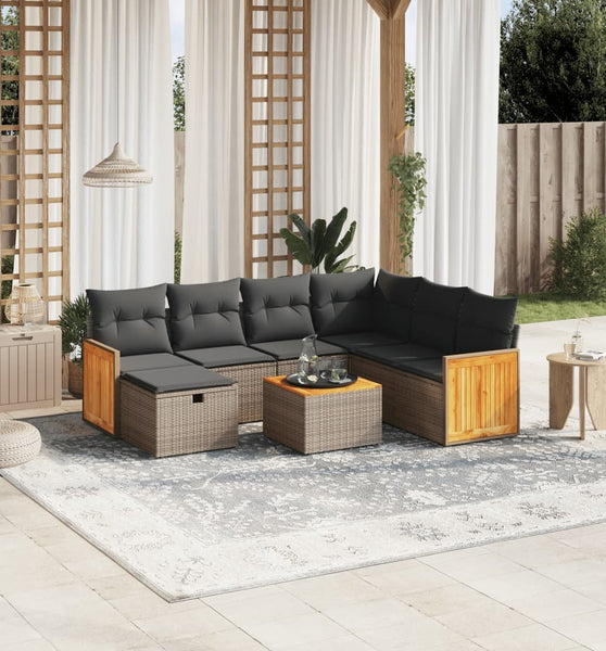 8-tlg. Garten-Sofagarnitur mit Kissen Grau Poly Rattan