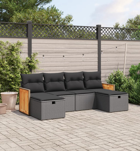 6-tlg. Garten-Sofagarnitur mit Kissen Schwarz Poly Rattan