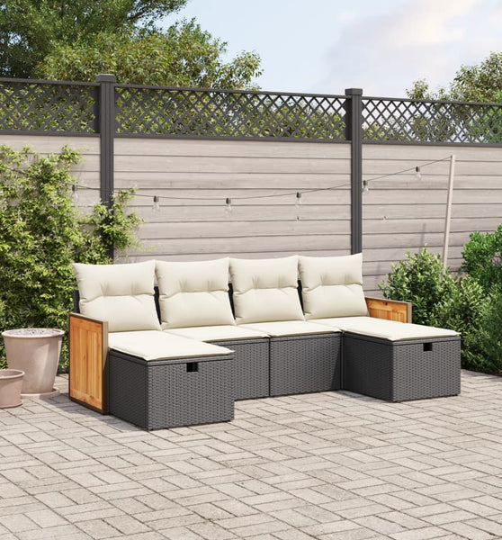 6-tlg. Garten-Sofagarnitur mit Kissen Schwarz Poly Rattan