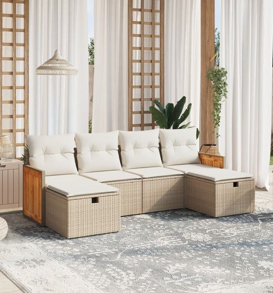 6-tlg. Garten-Sofagarnitur mit Kissen Beige Poly Rattan