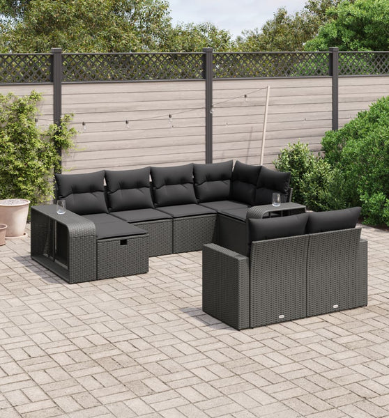 10-tlg. Garten-Sofagarnitur mit Kissen Schwarz Poly Rattan