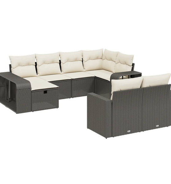 10-tlg. Garten-Sofagarnitur mit Kissen Schwarz Poly Rattan