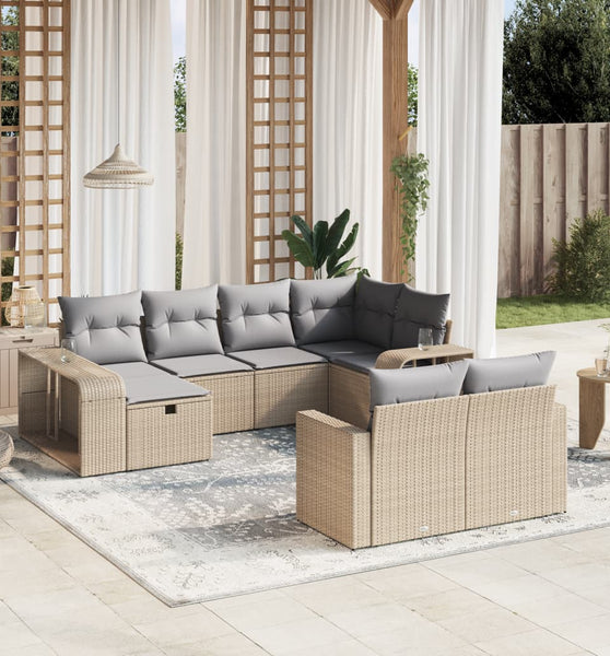 10-tlg. Garten-Sofagarnitur mit Kissen Beige Poly Rattan