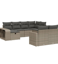 10-tlg. Garten-Sofagarnitur mit Kissen Hellgrau Poly Rattan