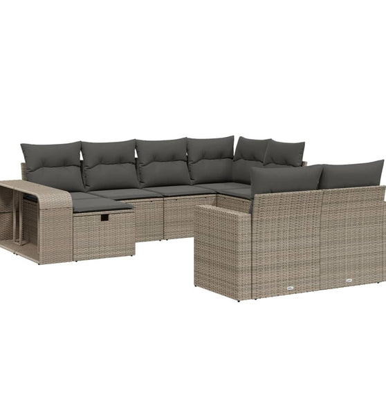 10-tlg. Garten-Sofagarnitur mit Kissen Hellgrau Poly Rattan