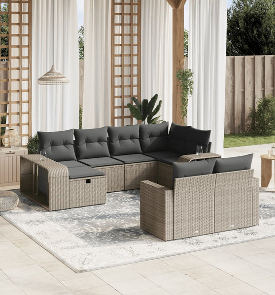 10-tlg. Garten-Sofagarnitur mit Kissen Hellgrau Poly Rattan