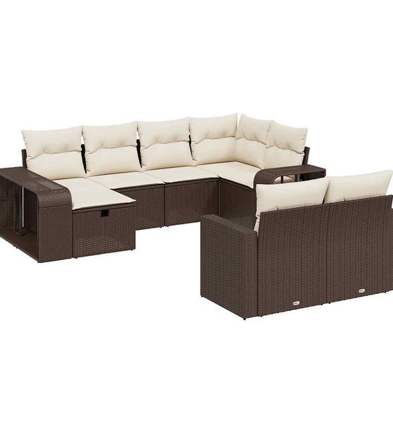 10-tlg. Garten-Sofagarnitur mit Kissen Braun Poly Rattan