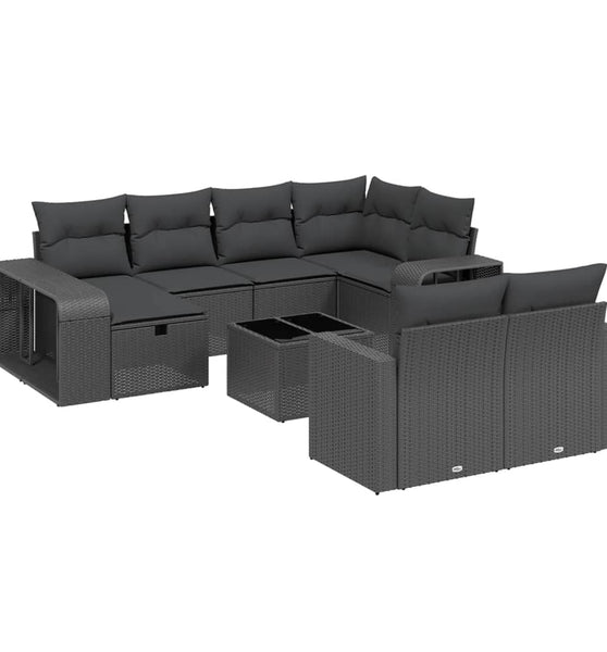 11-tlg. Garten-Sofagarnitur mit Kissen Schwarz Poly Rattan