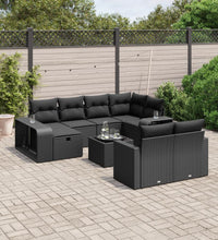 11-tlg. Garten-Sofagarnitur mit Kissen Schwarz Poly Rattan