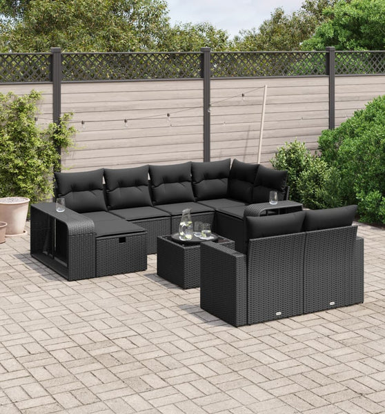11-tlg. Garten-Sofagarnitur mit Kissen Schwarz Poly Rattan