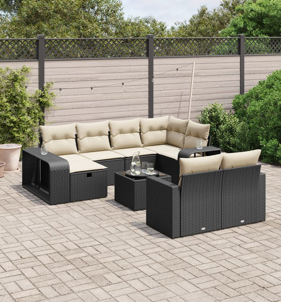 11-tlg. Garten-Sofagarnitur mit Kissen Schwarz Poly Rattan
