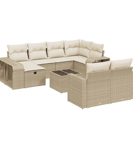 11-tlg. Garten-Sofagarnitur mit Kissen Beige Poly Rattan