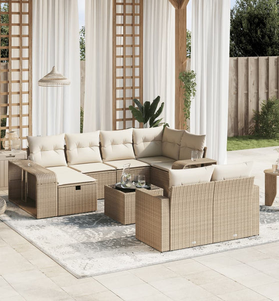 11-tlg. Garten-Sofagarnitur mit Kissen Beige Poly Rattan