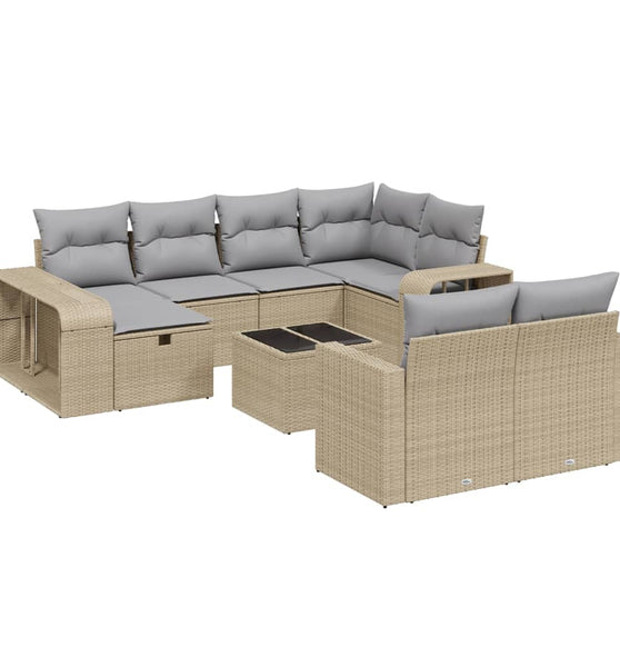 11-tlg. Garten-Sofagarnitur mit Kissen Beige Poly Rattan