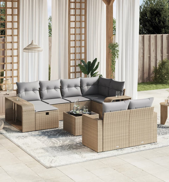 11-tlg. Garten-Sofagarnitur mit Kissen Beige Poly Rattan