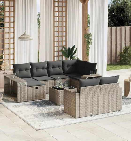 11-tlg. Garten-Sofagarnitur mit Kissen Grau Poly Rattan