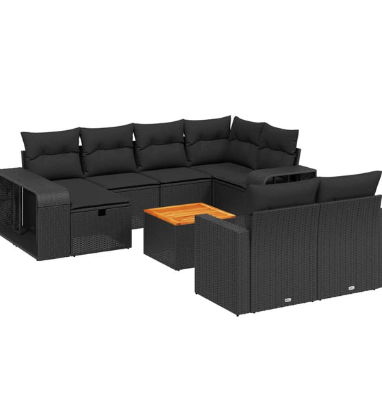 11-tlg. Garten-Sofagarnitur mit Kissen Schwarz Poly Rattan