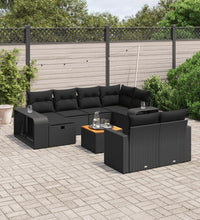 11-tlg. Garten-Sofagarnitur mit Kissen Schwarz Poly Rattan