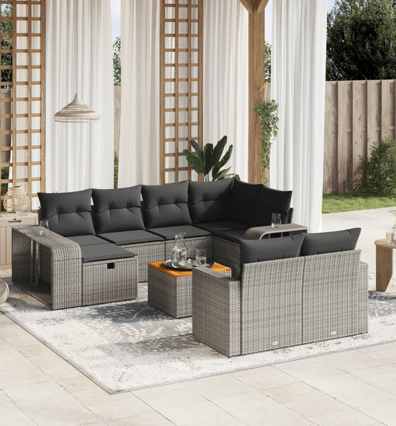 11-tlg. Garten-Sofagarnitur mit Kissen Grau Poly Rattan