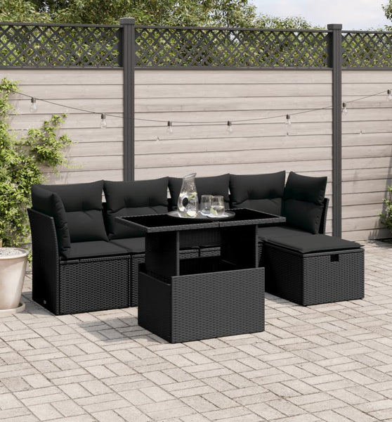 6-tlg. Garten-Sofagarnitur mit Kissen Schwarz Poly Rattan