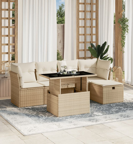 6-tlg. Garten-Sofagarnitur mit Kissen Beige Poly Rattan
