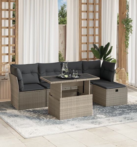 6-tlg. Garten-Sofagarnitur mit Kissen Hellgrau Poly Rattan