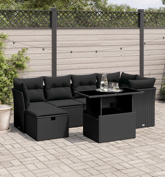 7-tlg. Garten-Sofagarnitur mit Kissen Schwarz Poly Rattan