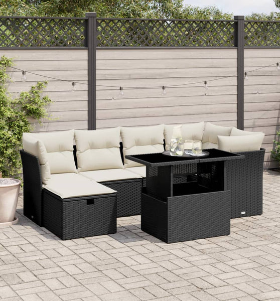 7-tlg. Garten-Sofagarnitur mit Kissen Schwarz Poly Rattan