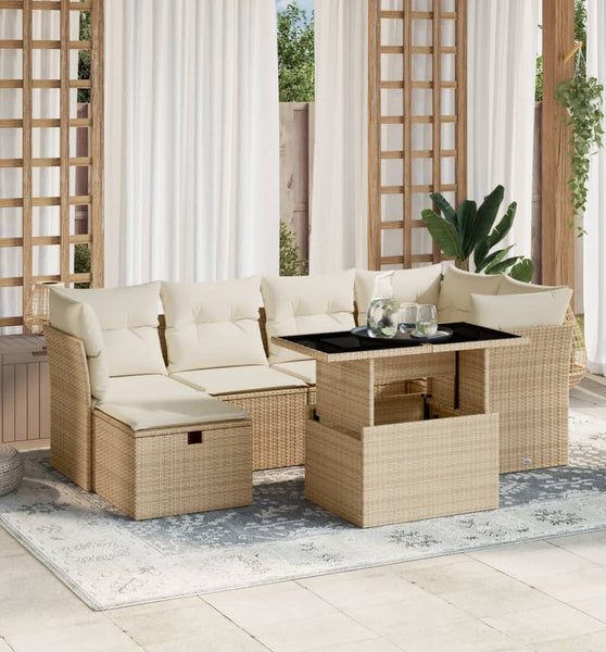 7-tlg. Garten-Sofagarnitur mit Kissen Beige Poly Rattan