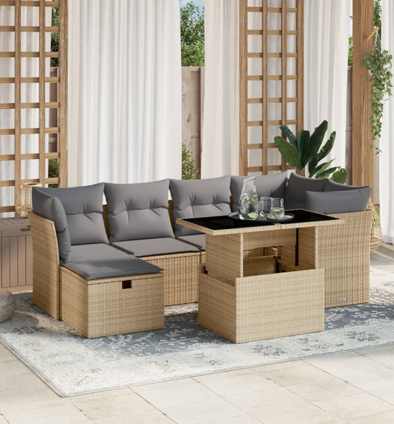 7-tlg. Garten-Sofagarnitur mit Kissen Beige Poly Rattan