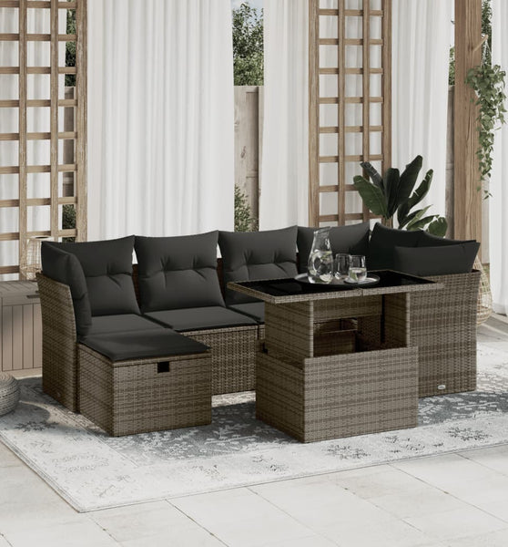 7-tlg. Garten-Sofagarnitur mit Kissen Grau Poly Rattan