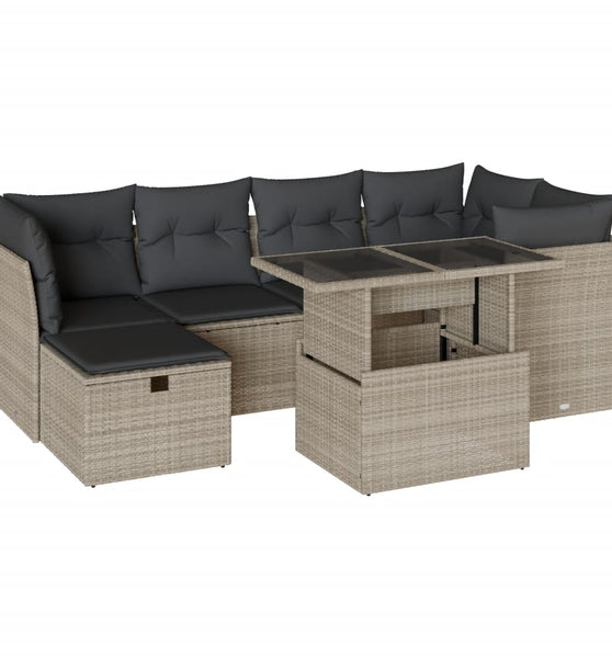 7-tlg. Garten-Sofagarnitur mit Kissen Hellgrau Poly Rattan