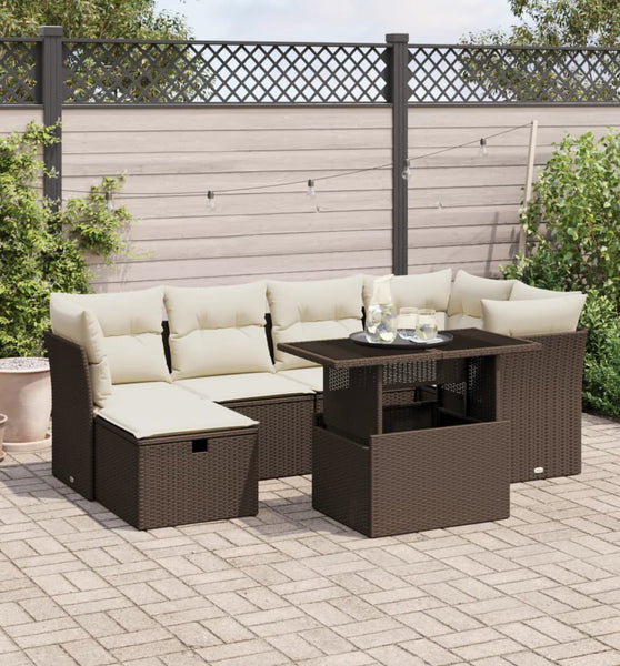 7-tlg. Garten-Sofagarnitur mit Kissen Braun Poly Rattan