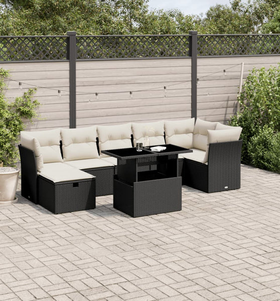 8-tlg. Garten-Sofagarnitur mit Kissen Schwarz Poly Rattan