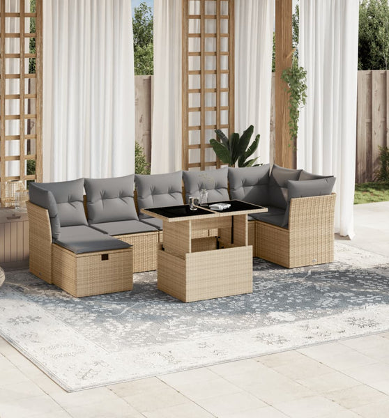 8-tlg. Garten-Sofagarnitur mit Kissen Beige Poly Rattan