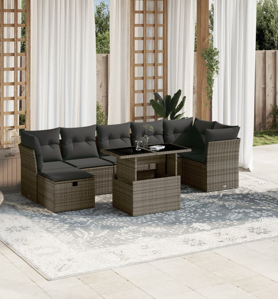 8-tlg. Garten-Sofagarnitur mit Kissen Grau Poly Rattan