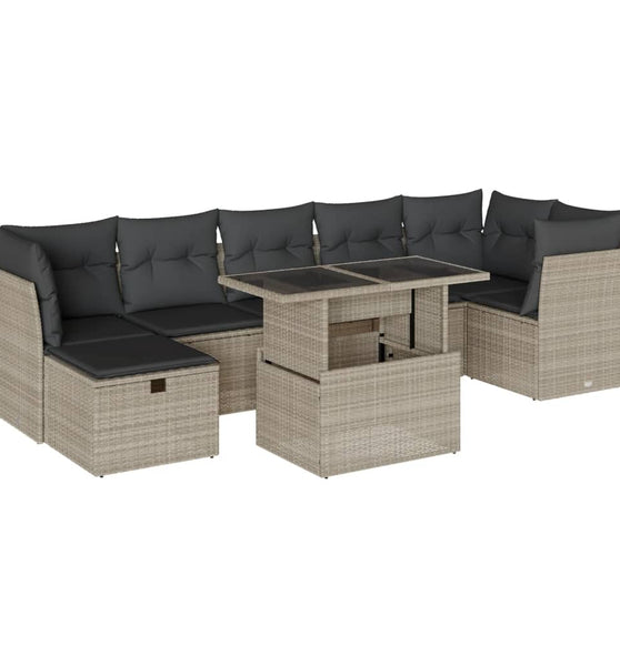 8-tlg. Garten-Sofagarnitur mit Kissen Hellgrau Poly Rattan