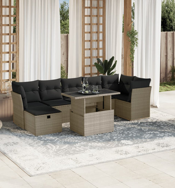8-tlg. Garten-Sofagarnitur mit Kissen Hellgrau Poly Rattan