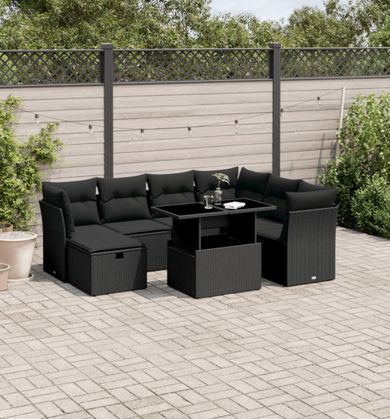 8-tlg. Garten-Sofagarnitur mit Kissen Schwarz Poly Rattan
