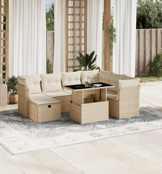 8-tlg. Garten-Sofagarnitur mit Kissen Beige Poly Rattan