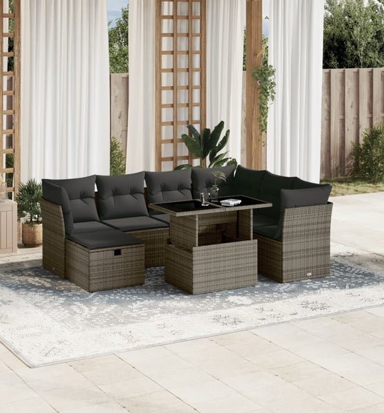 8-tlg. Garten-Sofagarnitur mit Kissen Grau Poly Rattan